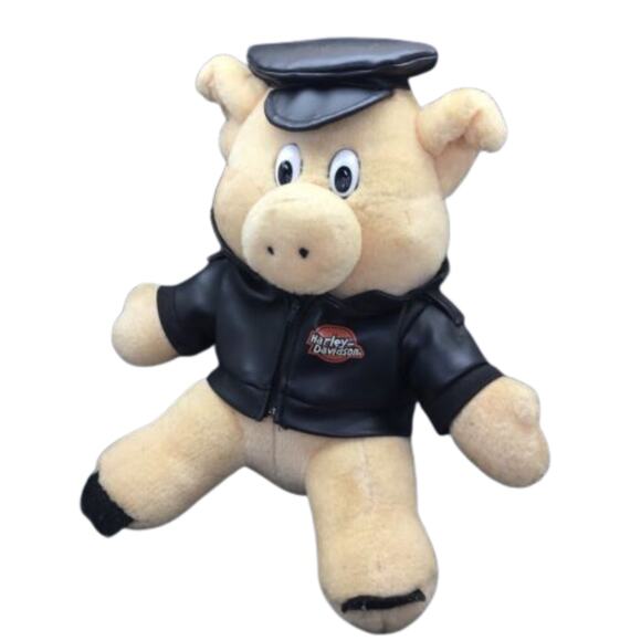 1993 Harley Davidson Pig Stuffed Animal Leather Jacket and Cap - Picture 1 of 2